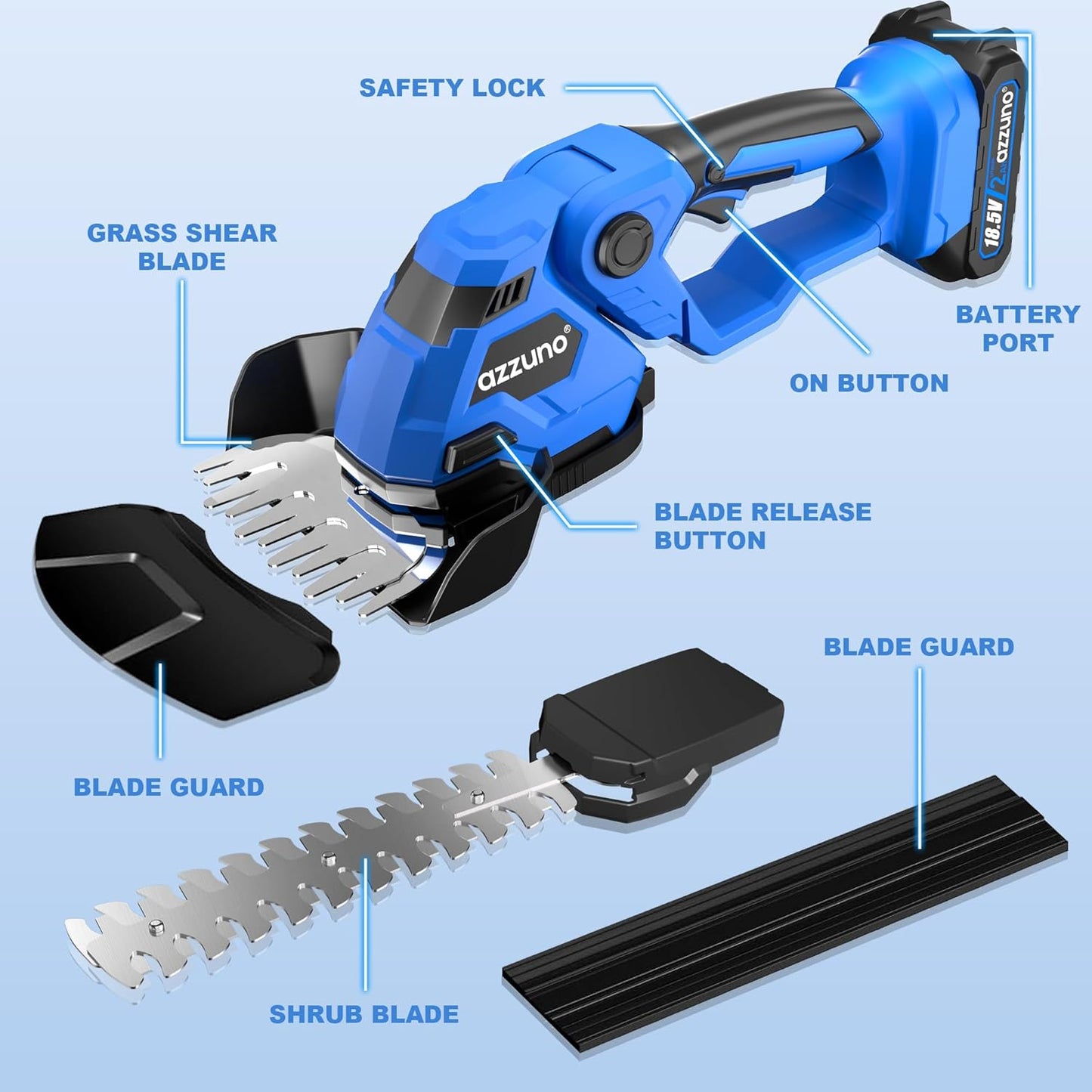 AZZUNO Cordless Hedge Trimmer, 2-in-1 Electric Grass Shears Shrubbery Trimmer with 2Ah Battery，Handheld Grass Cutter Shrub Trimmer for Gardens, Yards, Lawns, Including Charger(2 Batteries)