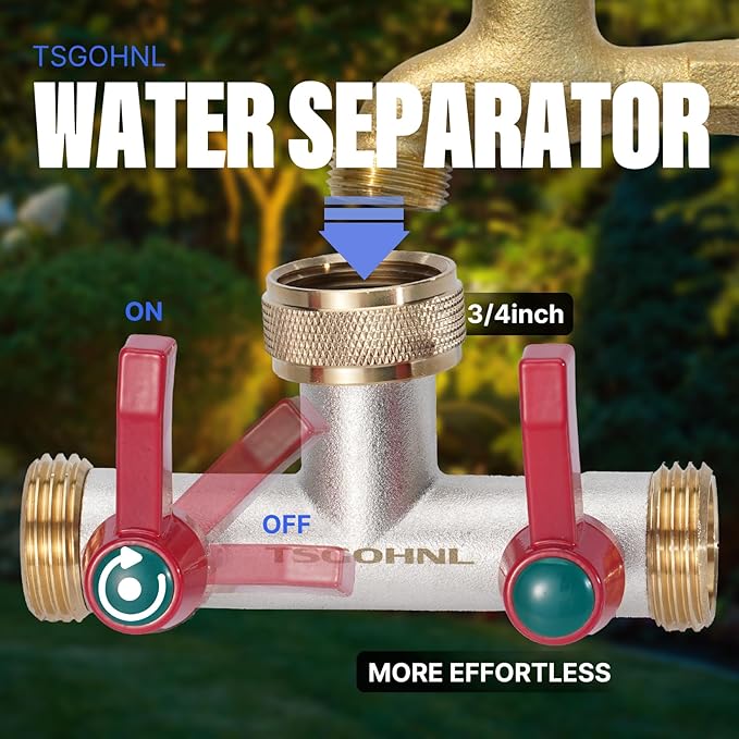 Brass Garden Hose Splitter, 2-Way Heavy Duty Faucet Splitter, 180° longitudinal，Frost Resistant Faucet Diverter for GHT 3/4" Connectors，2 protectors to prevent hose kinking