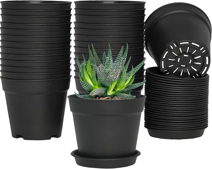 4 inch Small Plant Pots, 28 Pack Plastic Planters with Drainage Holes and Saucers for Flowers Plants, Succulents, Seed Starting Pots, Black