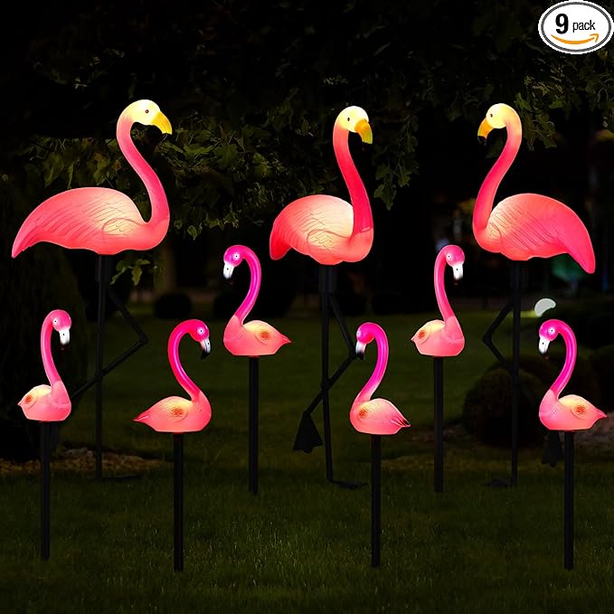 9 Pcs Flamingo Solar Lights LED Flamingo Stake Lights Waterproof Flamingo Lights for Outdoor Pink Yard Lawn Garden Ornaments Patio Pond Ground Backyard Decor Pathway Outside Decorations