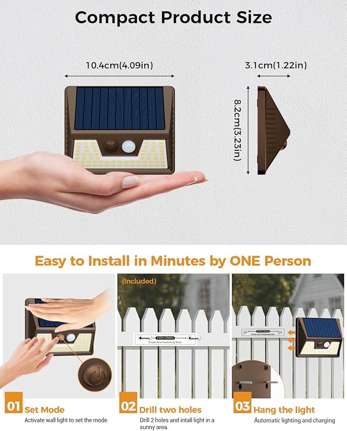 4 Pack Solar Fence Lights Waterproof, Motion Sensor Deck Outdoor, Warm White LED for Wall Yard Steps Stairs Garden - Brown