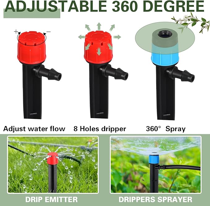 120 Pcs Drip Irrigation Emitters for 1/4'' Drip Irrigation Tubing 60 Irrigation Emitters Sprayer 60 Adjustable 360 Degree Water Flow Drippers for Patio Lawn Garden Watering
