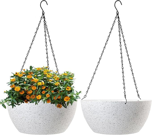 13 inch Large Hanging Planters Plant Pots for Outdoor Indoor Plants with Drainage Holes and Chain, 2 Pack Round Hanging Flower Pots for Garden Home Porch Decor, Speckled White