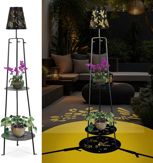 47.2'' Outdoor Metal Solar Floor Lamps with 2 Plant Stand Hummingbird Solar Lights Waterproof Solar Powered Street Lights Garden Decorative Lantern for Yard Pathway Deck Patio Porch Driveway Decor