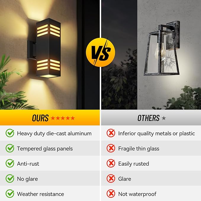 2 Pack Outdoor Wall Lights, Up/Down Modern Wall Sconce Exterior Lighting Fixture Square Wall Lamp Aluminum IP65 Waterproof Wall Mount Porch Lights ETL Listed E26 Bulbs Included 2700K