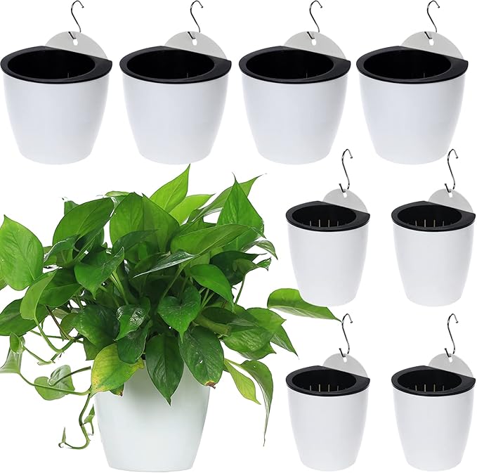 8 Packs 5" and 7.3" Plastic Self Watering Pots Wall Hanging Planters Wall Mounted Wicking Flower Pots for Indoor and Outdoor African Violet, Ocean Spider Plant, Orchid, White