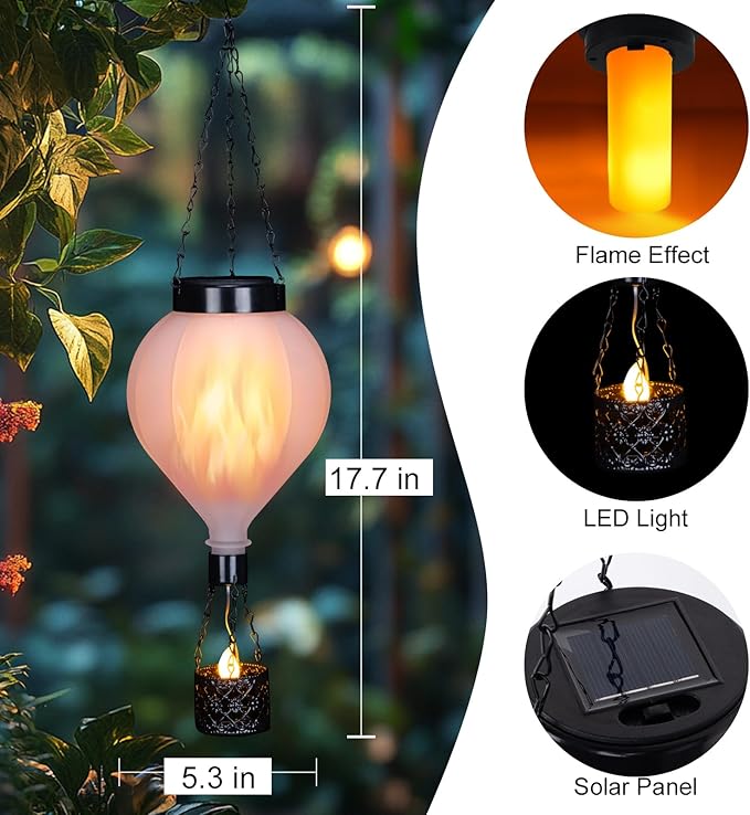 Hanging Solar Lantern Outdoor Garden Decor Hot Air Balloon Lantern with Flickering Flame Gifts for Women Grandma Mom Outdoor Hanging Light Solar Decorative Lamp for Garden Patio Yard and Home