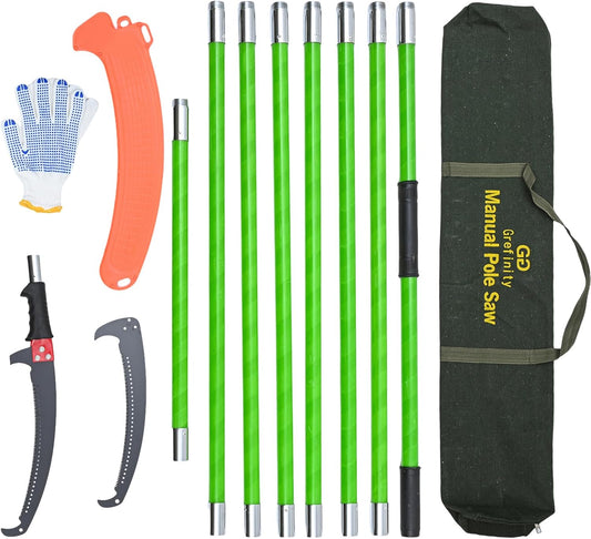 27FT Manual Pole Saw, Tree Branch Trimmer with 8-Section Fiberglass Handle, Sharp Steel Blade, Lightweight Extendable Design for High Branch Trimming, Ideal for Palms and Shrubs