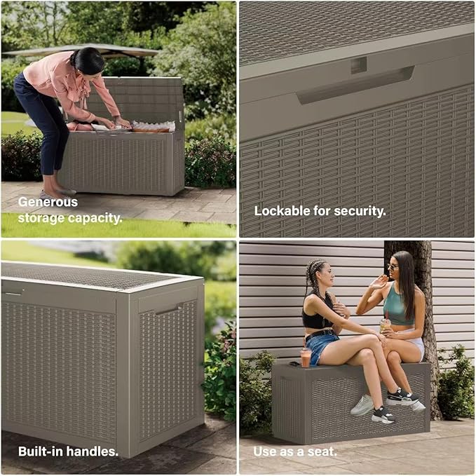 270 Gallon Outdoor Storage Box Waterproof Lockable Resin Deck Box Large, Patio Storage Bin for Pool Accessories Cushion Furniture, Garden Tools, UV-Resistant Outside Delivery Grey