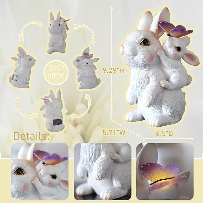 Garden Outdoor Statues Rabbit with Solar Lights,Mother&Baby Bunny Figurine with Solar Butterfly Changing Lights for Yard Art Garden&Patio Decor,Unique Thanksgiving&Birthday Gifts for Women Mom Grandma