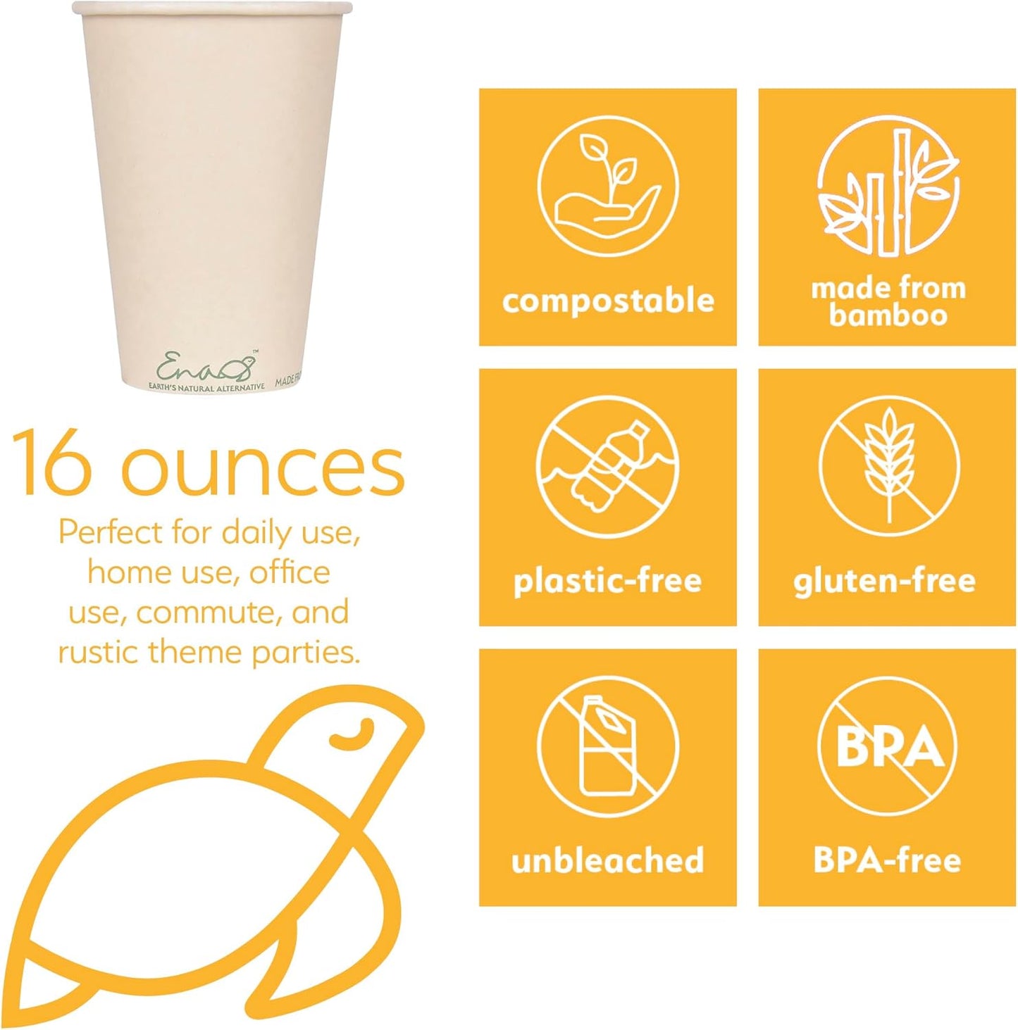 100% Compostable Disposable Coffee Cups [16oz 320 Pack] Paper Cups Made from Bamboo, Eco-Friendly, Biodegradable Premium Party Cups, Natural Unbleached by Earth's Natural Alternative