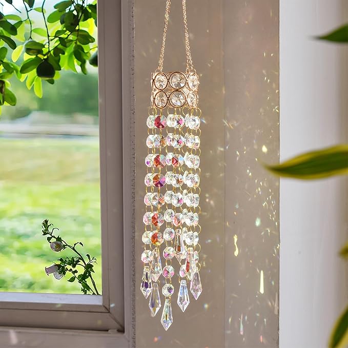 Hanging Window Garden Crystal Sun Catcher, Gold-Plated Sun Catcher for Indoor and Outdoor Decoration, Light Catcher, Party Crystals (AB Colour)