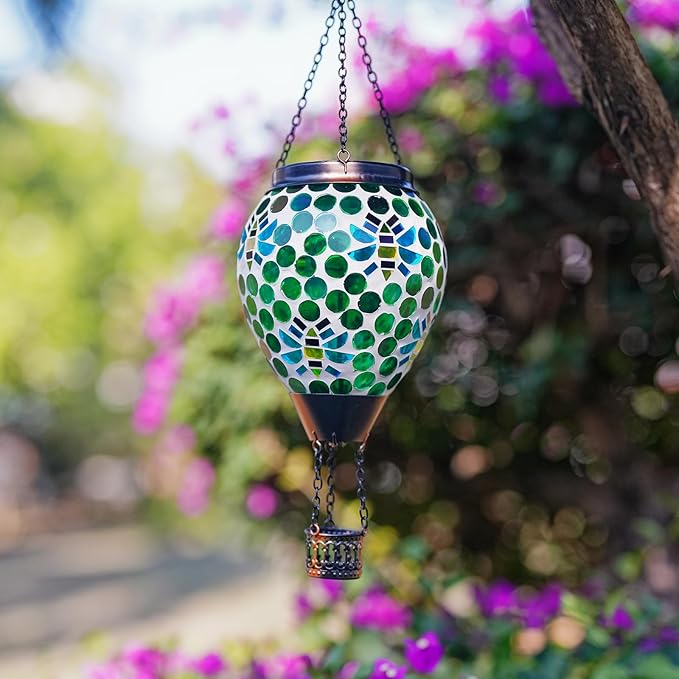 Bee Solar Hot Air Balloon Lantern Outdoor Waterproof, Green Mosaic Glass Hanging Solar Lantern Lights, Outdoor Hanging Lights for Patio Yard Garden Gift for Mom Grandma Women