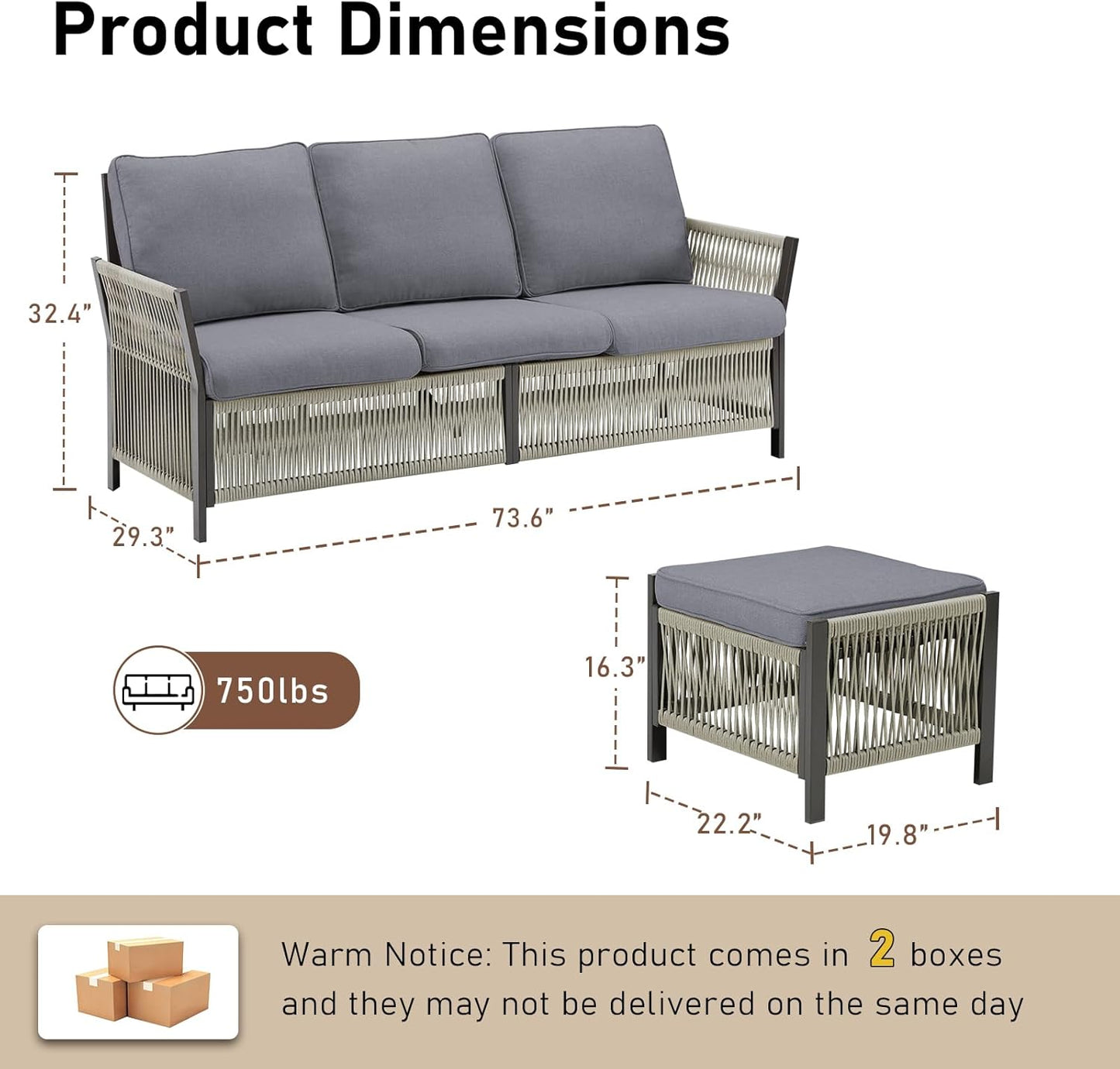 3 Pieces Patio Furniture Set, Outdoor Sectional Wicker Patio Couch with Ottoman & Washable Cushions All-Weather PE Rattan Patio 3-Seating Sofas for Garden, Porch, Backyard - Dark Grey