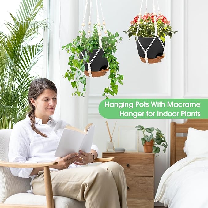 Hanging Planters for Indoor Outdoor Plants, 2 Pack Self Watering Hanging Pots, Hanging Plant Baskets with Drainage Holes & 2 Types of Plant Hangers (Black, 6'')