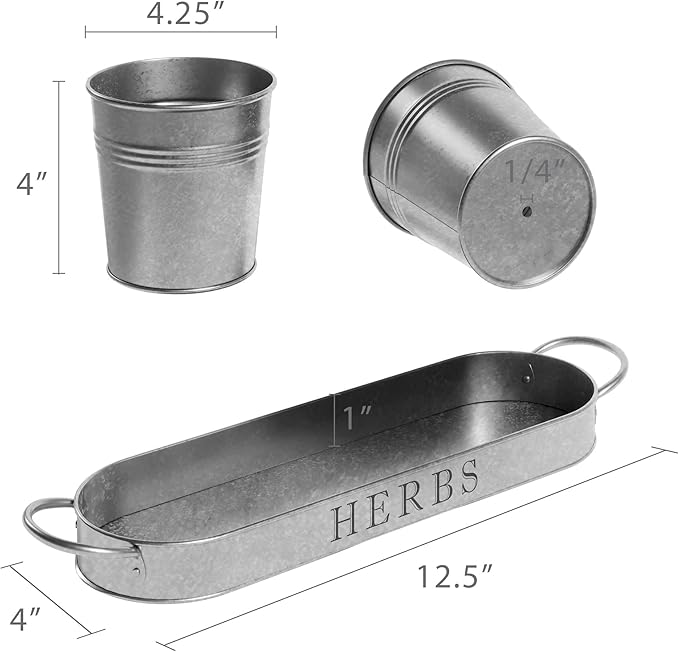 Barnyard Designs Indoor Herb Garden Planter Set with Tray, Metal Windowsill Plant Pots with Drainage for Outdoor or Indoor Plants, Set/3 (Galvanized)