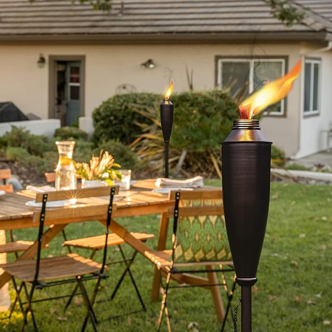 Garden Torches for Outside -Deco Home Pack of 4 Metal Garden Torches Citronella Oil for Outdoor Ambiance - Decorative and Functional Citronella Torches for Patio, Lawn, and Backyard- Bronze