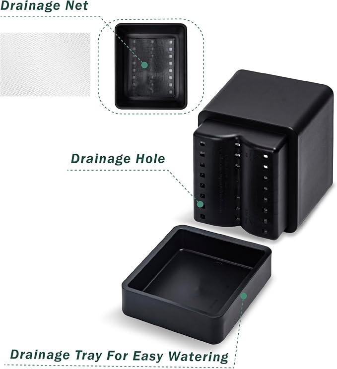 4 Inch Herb Planter Pot, Plastic Planter with Drainage Holes and Saucer, Modern Decorative Gardening Pot for Indoor Plants, Flowers, Herbs, Succulents, Black, Set of 4, 76-Y-B-4