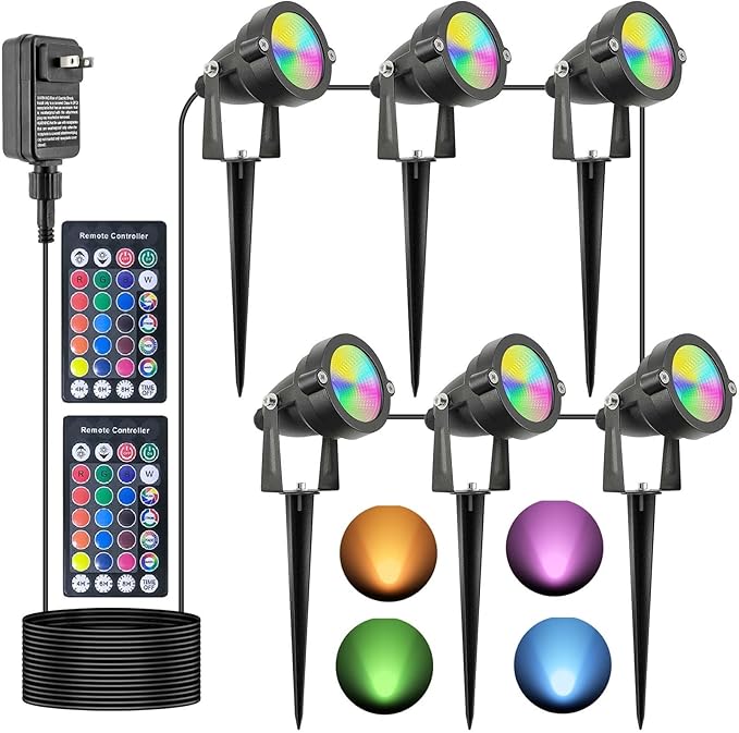 24W Outdoor RGB SpotLights with Timer, IP65 Waterproof Metal Landscape Lights Remote Colored Spot Lights Outdoor RGB Color Changing Spotlight for Outdoor Yard Garden Lawn(6 Lights), Black