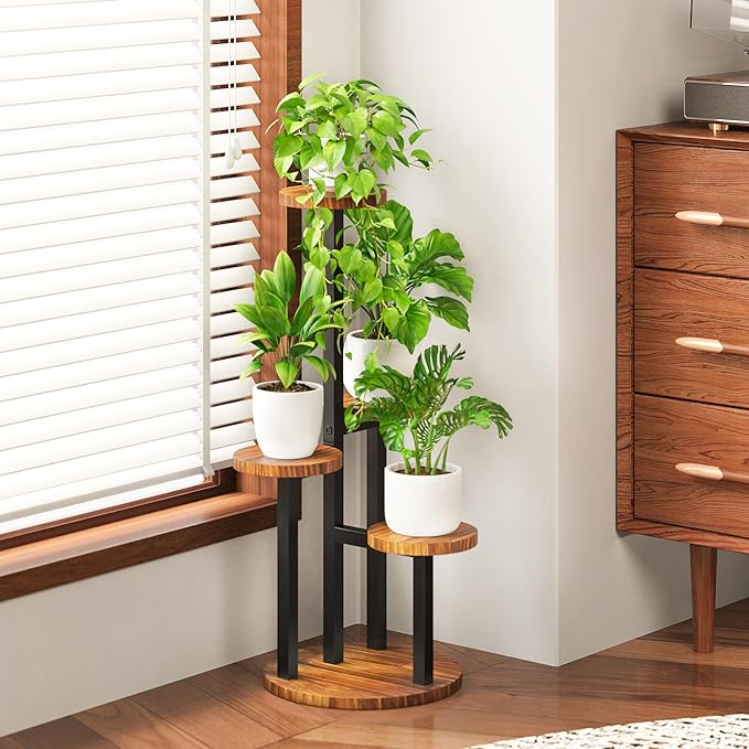 Bamworld 4 Tier Plant Stand Indoor Small Plant Shelf Outdoor Metal Tall Flower Holder Table Support Rack Garden Accessories for Plant Lovers(Brown)