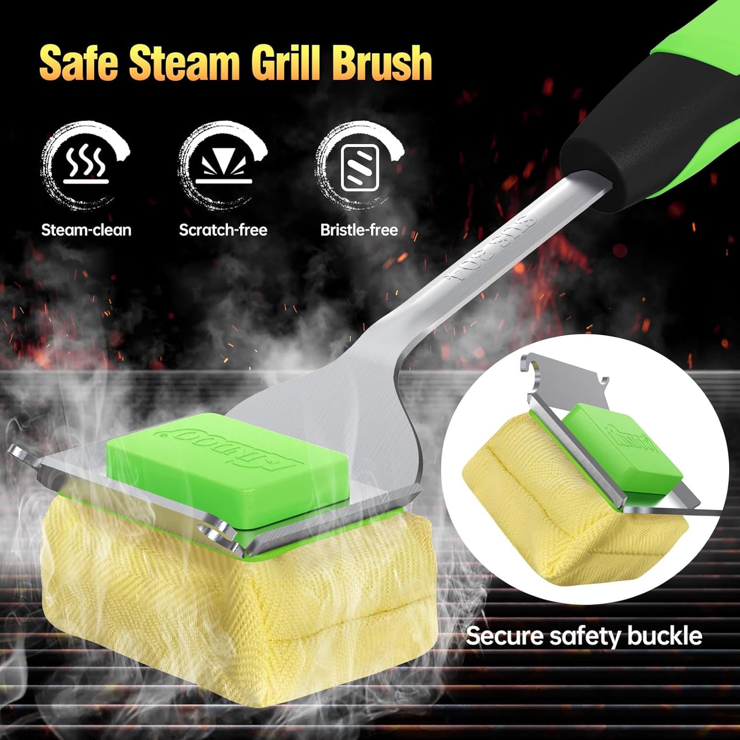 Grill Brush Bristle Free for Outdoor Grill, Steam Grill Cleaning Brush Replaceable BBQ Cleaner Brush Head,Extended Handle, Safe Grill Brush with Scraper for Cast Iron Stainless-Steel Grates, Green