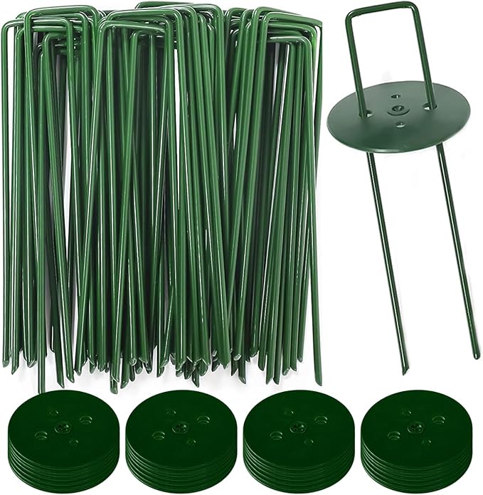 50Pcs U-Type Turf Staples for Artificial Grass + 50Pcs Buffer Washer, 6 Inch Garden Stakes Galvanized Landscape Staples, Proof Sod Pins Stakes for Securing Yard Fences Weed Barrier Cords Tents Tarps