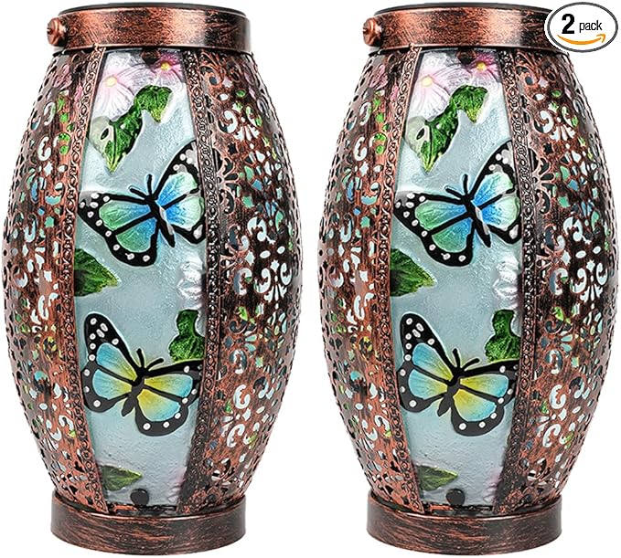 2PCS Butterfly Solar Lanterns Glass & Metal Hanging Light Outdoor Waterproof 16" H Tabletop Lamp with Hollowed-Out Design with Shepherd's Hooks for Garden Patio Table Decor