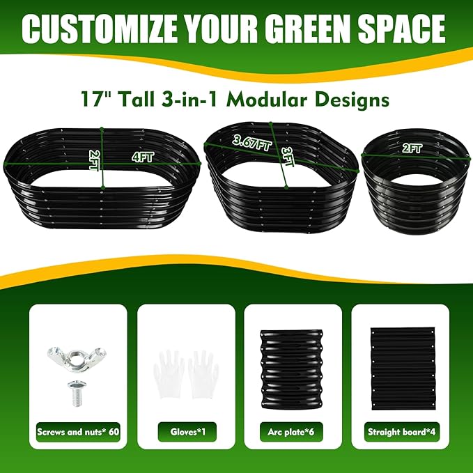 17" Tall Elevated Oval Metal Raised Garden Bed - 4ft x 2ft in Size and 0.8MM Thick Durable Planter Bed/Box for Vegetables Flowers Succulent at Patio/Garden Outdoor (Black, 4X2X1.4 FT)