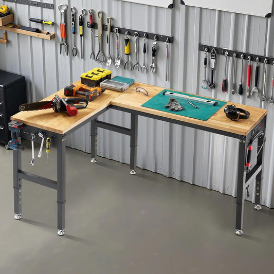 Albott 68"x48" L-Shaped Adjustable Workbench with Storage & Power Strip, Heavy Duty Tool Bench for Woodworking, Garage, Workshop, Home Office, 6000LBS Load, Pegboard & Hooks, ETL Certified