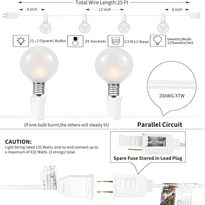 25FT Outdoor String Lights, G40 Frosted White Globe String Lights with 27 Warm White Bulbs, Hanging Patio Lights UL Listed for Indoor Outdoor Backyard Garden Wedding Party Cafe Christmas Decorations