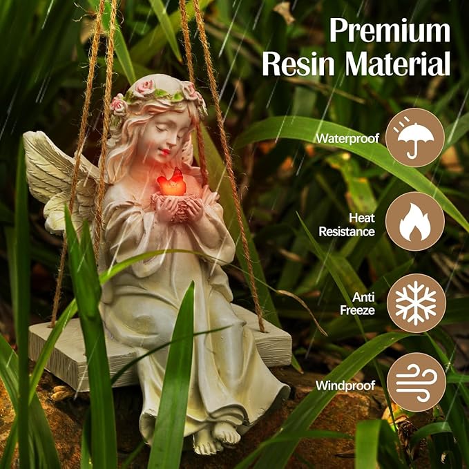 Angel Garden Statue,Fairy Solar Garden Decor with Warm Light,Waterproof Angel Statue with Swing & Holding Bird,Outdoor Garden Decor for Lawn Yard Patio Windowsill Garden Gifts, Apricot