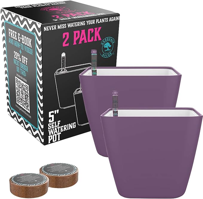 GARDENIX DECOR 5" Self Watering pots for Indoor Plants - Flower Pot with Water Level Indicator for Plants, Grow Tracking Tool - Self Watering Planter Plant Pot – 2 Pack Purple