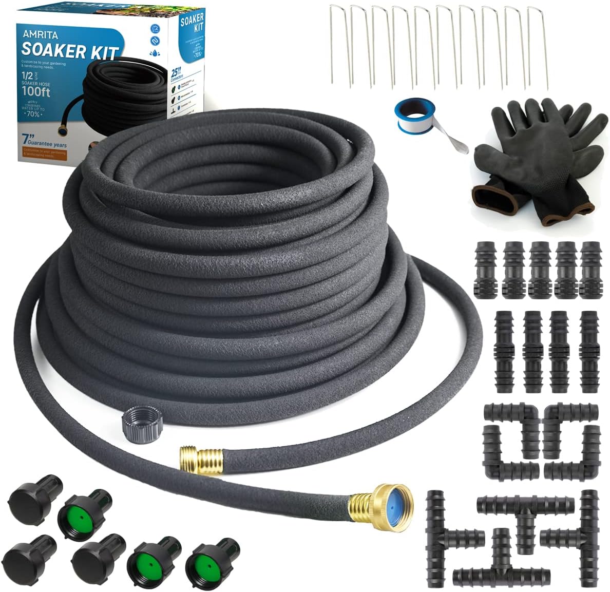 AMRITA Soaker Hose KIT,1/2inch 100ft Rubber Garden Hose 70% Water Saving,Black Heavy Duty Soaker Hose For Garden Lawn,Garden Raised Beds.(1/2-100FT)