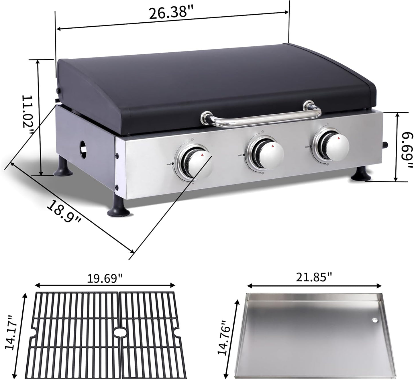 3-Burner Propane Gas BBQ Grill with SS Plancha, 28,650 BTU Output, Wire Enamel Cooking Grids, Heavy-Duty Stainless Steel Grill