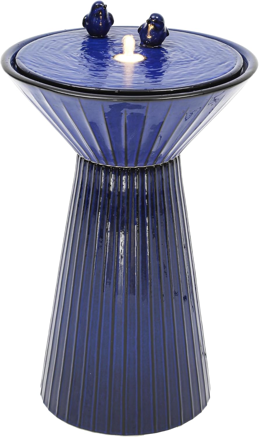 28" H Ceramic Birdbath Outdoor Fountain with LED Lights, Bird Accents & Fluted Texture, Bubbling Water Feature for Garden, Patio, Yard or Porch – Creates a Tranquil Oasis for Relaxation.