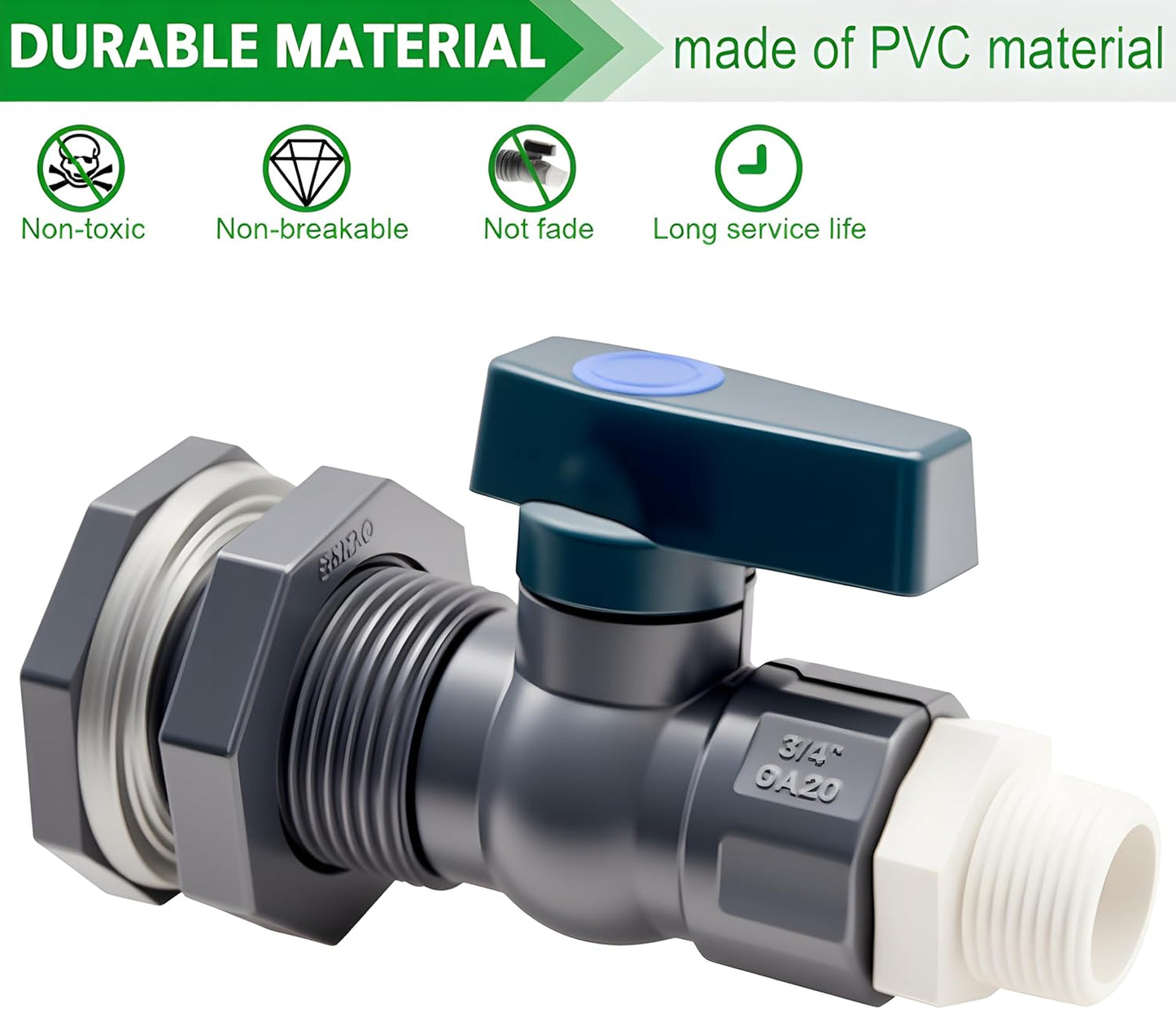 2 Pack 3/4 Rain Barrel Spigot Kit- PVC Rain Barrel Faucet Kit,3/4 Inch Valve with Bulkhead Fitting Hose Faucet Adapter for Water Tanks, Aquariums, Pools, Garden Barrels