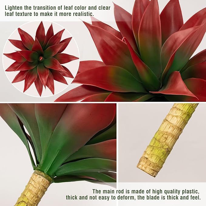 Artificial Agave Plants,Large UV Resistant Fake Agave Planters for Indoor and Outdoor Decorating Tropical Plant Succulents Greenery Indoor Decor (2Pack,18" Red)