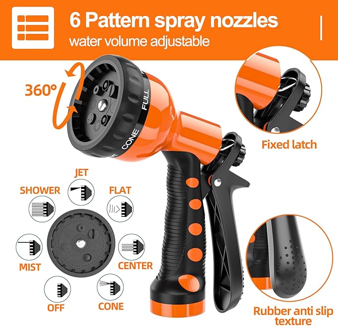 3/8” Lightweight Coil Garden Hose 100 FT, EVA Retractable Curly Water Pipe with 6-Pattern Spray Nozzle for Boat, Greenhouse, Yard, Patio (Orange)