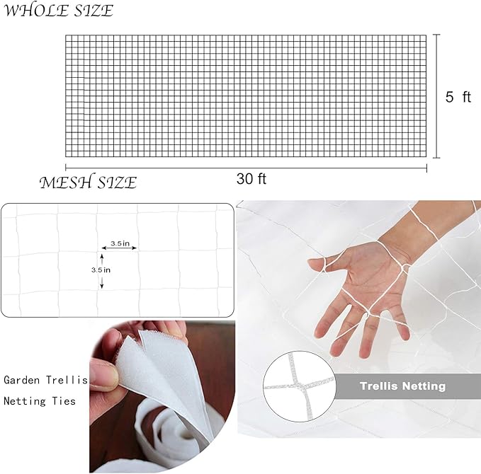 All-Weather Trellis Netting Mesh Plant Garden Vine Growing Flexible String Net (3.5" Mesh ployester, 5' Wx 30'L)