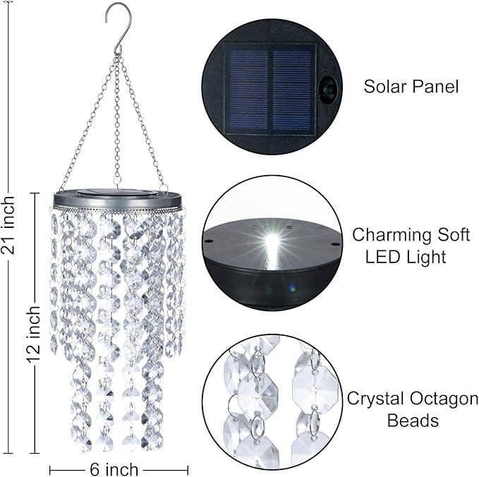 Hanging Solar Crystal Chandelier Outdoor, 21” Modern Solar Transparent Acrylic Beaded Lantern with Cool White LED S Hooks for Garden Yard Patio Gazebo Outside Decor