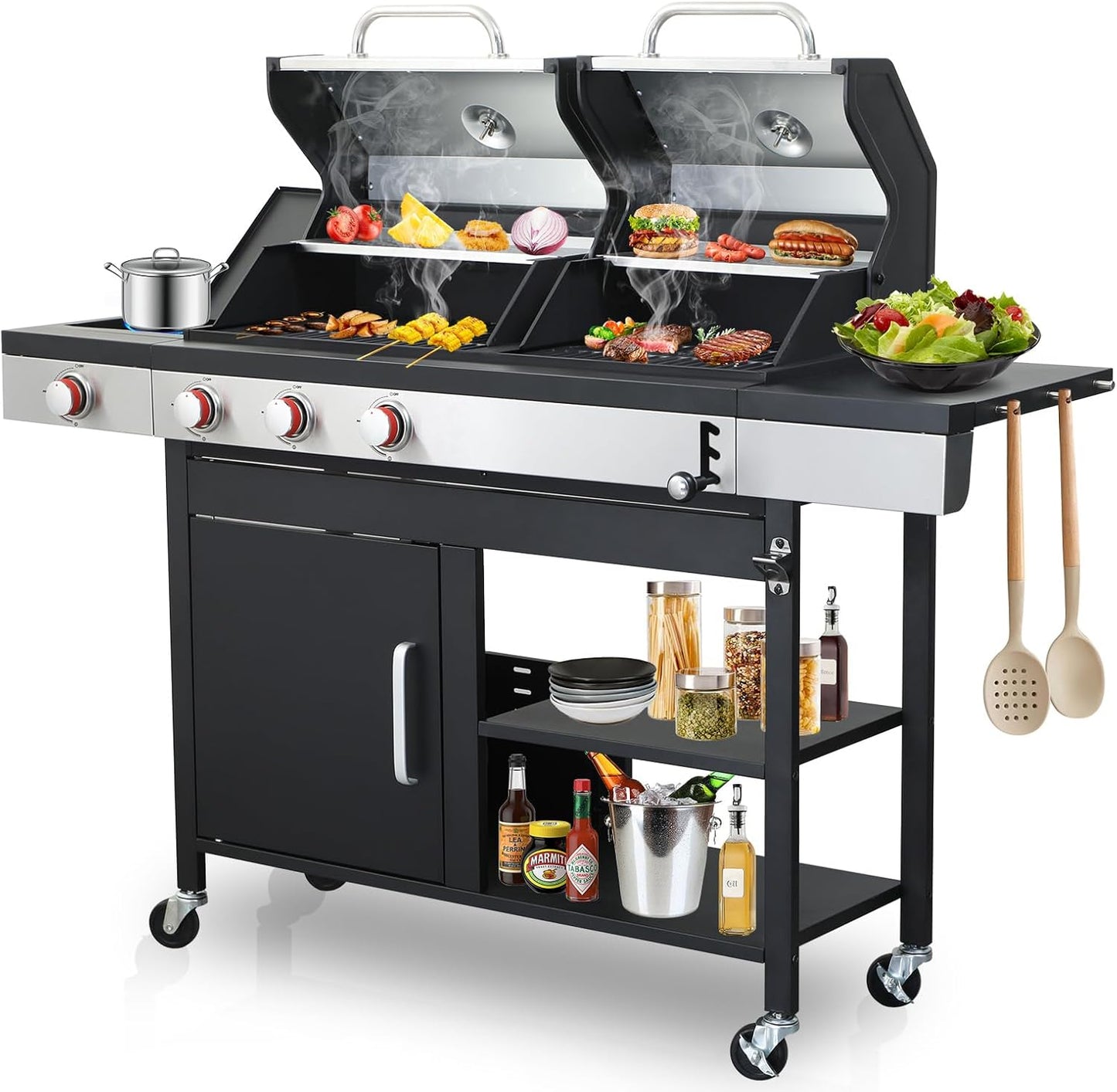 3-Burner Gas and Charcoal Combo Grill with Griddle Plate, 37,230 BTU, Stainless Steel & Enameled Grates, Side Burner + Storage Cabinet for Backyard, Tailgating, Teppanyaki