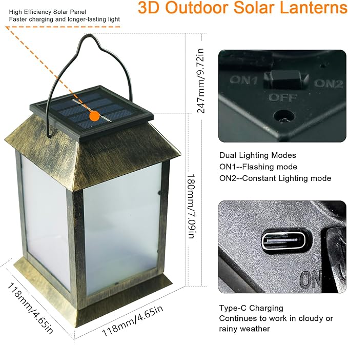 2 Pack Solar Lanterns Outdoor Waterproof, 3D Hanging Solar Lights, Type-C Rechargeable LED Pathway Lights with 2 Modes (Steady & Flashing), for Garden Decor, Patio, Yard, Camping