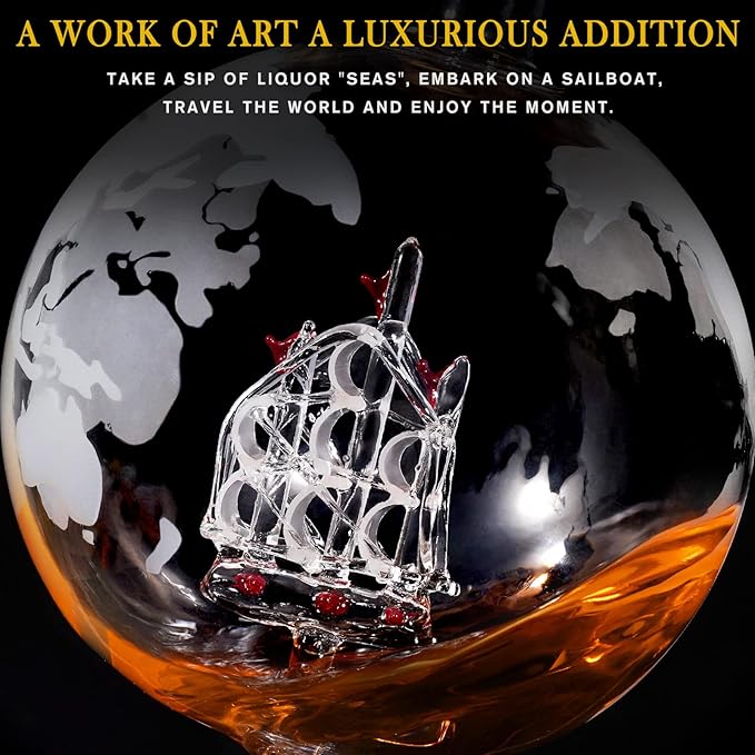 Gifts for Men Dad Fathers Day, PONPUR Whiskey Decanter Globe Set with 2 Ball Stones & 2 Glasses, Anniversary Birthday Gifts for Him Husband Boyfriend Brother, Cool Stuff Gift for Bourbon Scotch