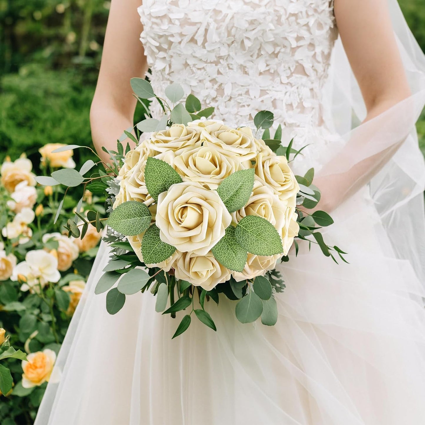 AmyHomie 25pcs Real Looking Artificial Beige Roses w/Stem for DIY Wedding Bouquets Centerpieces Arrangements Party Baby Shower Home Decorations