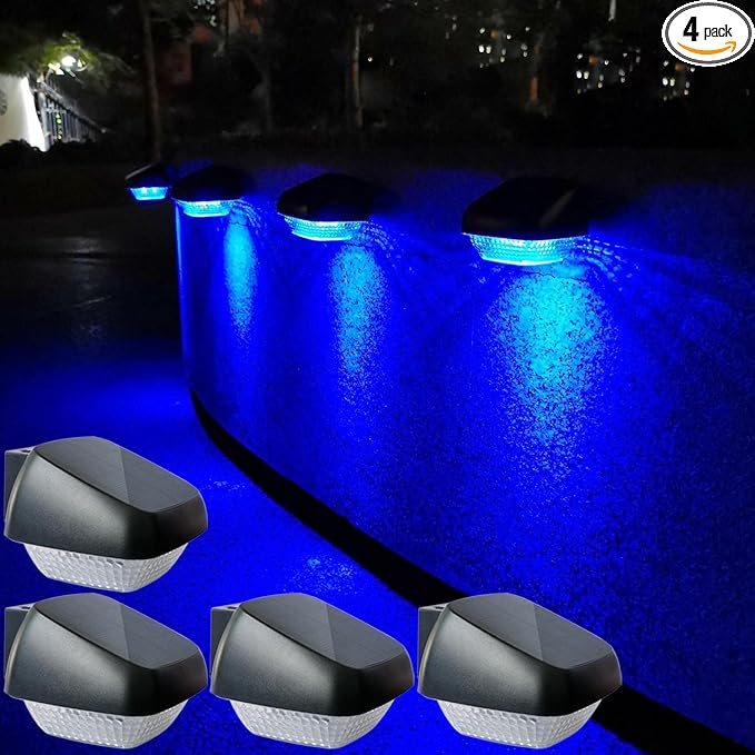 4 Pack Solar Step Lights Outdoor Waterproof, Solar Wall Lights Outdoor, Last All Night, Solar Fence Lights for Fence Garden Step Yard Decking Patio (Blue)