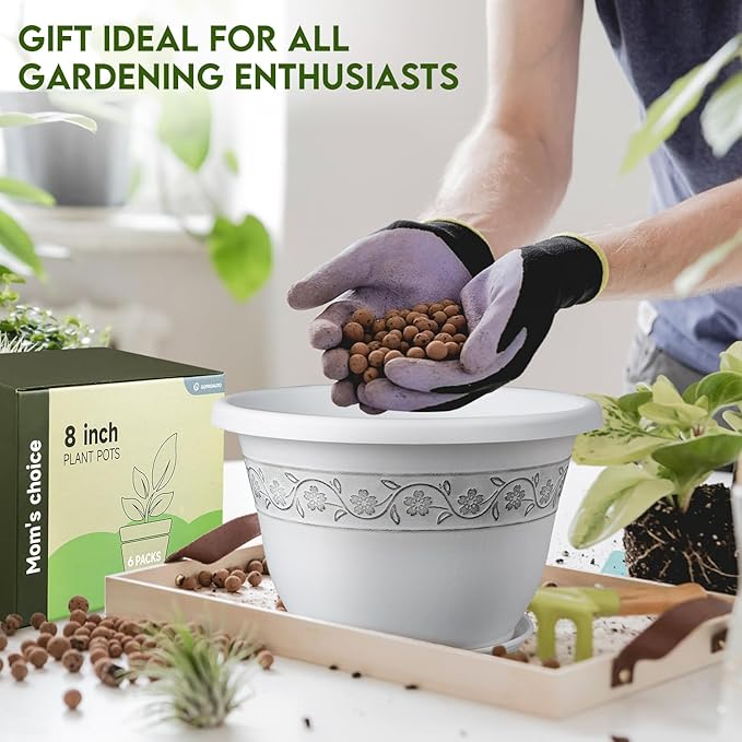 8 Inch Plant Pots with Drainage Hole - Lightweight Flower Pots for Herbs and Flowers - Home Decor Plastic Planters for Indoor Outdoor Plants- Pack of 6 (White, 8 inch)