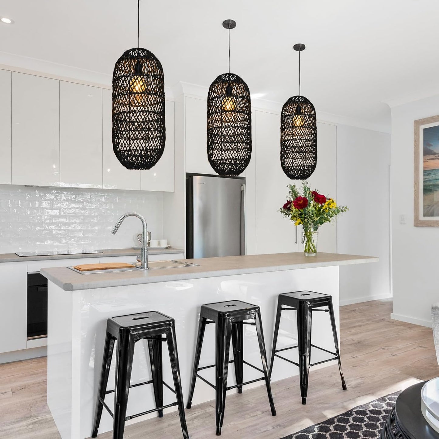 Arturesthome 1 Light Rustic Rattan Basket Pendant Light Fixture, Boho Wicker Chandelier Lamp Black, Coastal Handmade Crafts Lampshade, Farmhouse Hanging Ceiling Lighting for Dining Kitchen