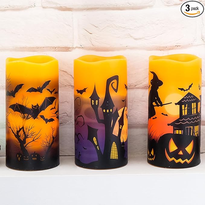 Halloween Real Wax LED Flameless Flickering Candles with 6H Timer, 3 Pcs Pillar Battery Operated Candle Sticks with Halloween Decal for Home Decor(3”x6”)