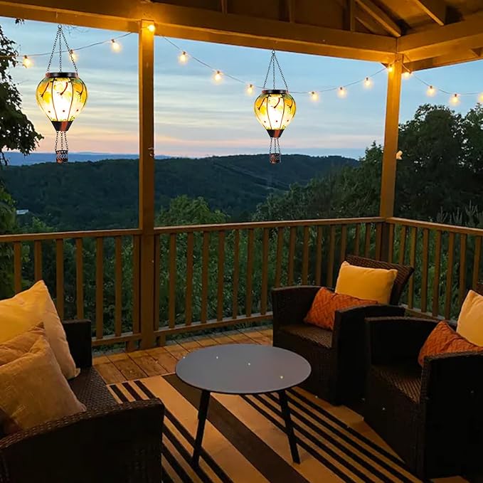 2 Pack Dragonfly Hot Air Balloon Solar Lantern Outdoor Waterproof, Glass Balloon Lanterns for Outside, Decorative Hanging Solar Lights Patio Garden Yard Gift for Women Moms