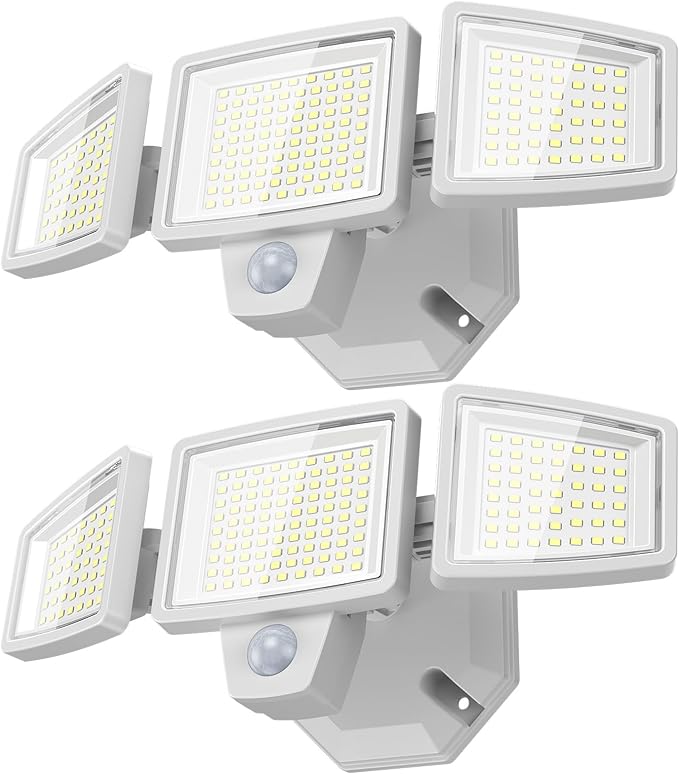 65W LED Flood Light Outdoor, 6500LM, Waterproof, 6500K Motion Sensor Flood Lights Outdoor with Adjustable 3 Head Detected Floodlight for Outside Entryway Garage, Yard, Porch, White, 2 Pack